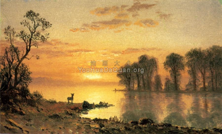 Sunset Deer and River - 阿尔伯特·比尔施塔特